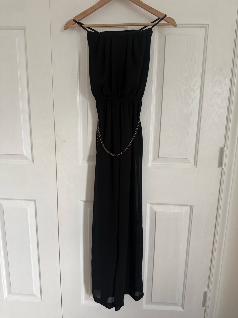 Black Strapless Sheer Jumpsuit with Chain Belt